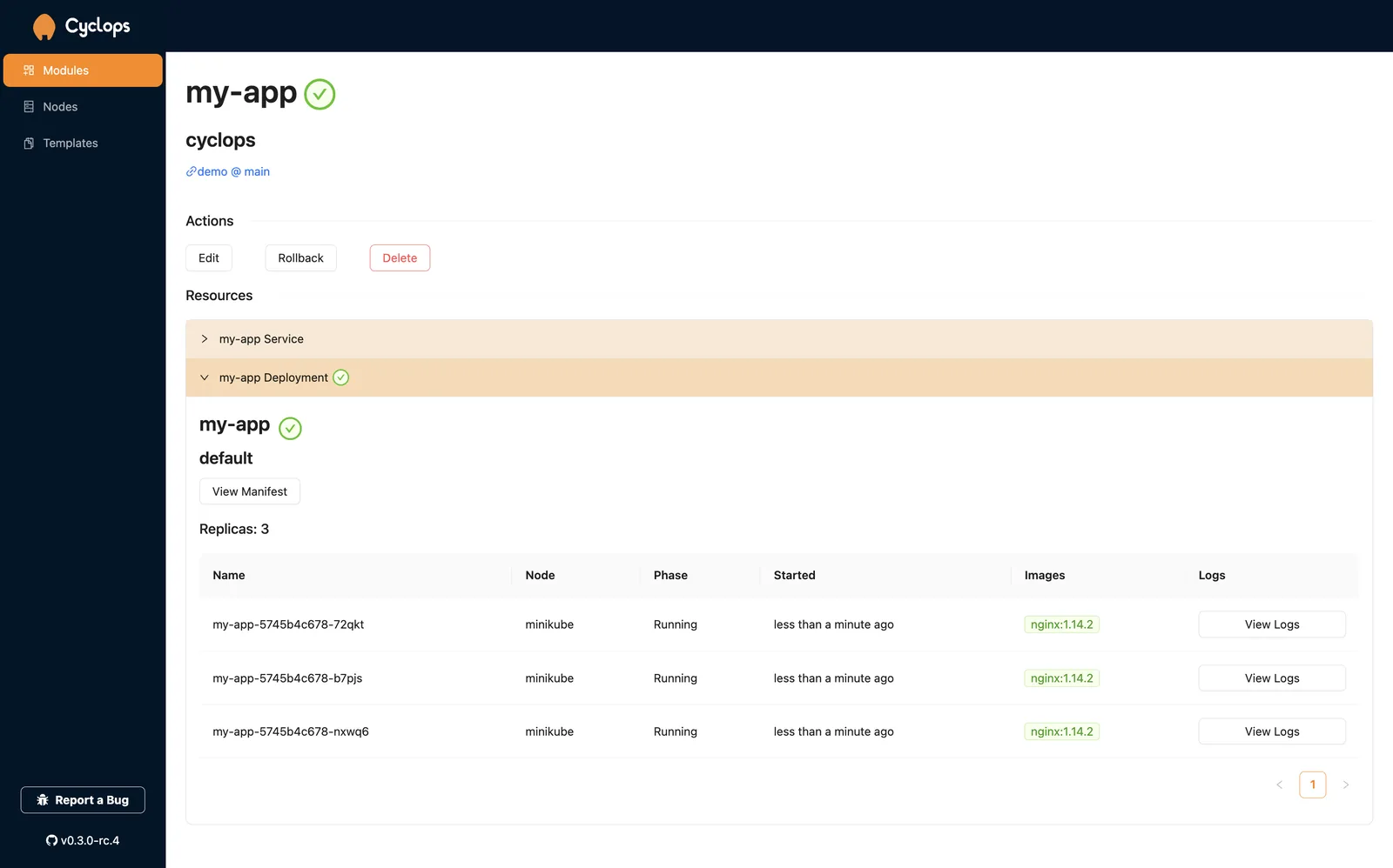 Cyclops deployment view with three running pod rows and a View Logs control for each pod.