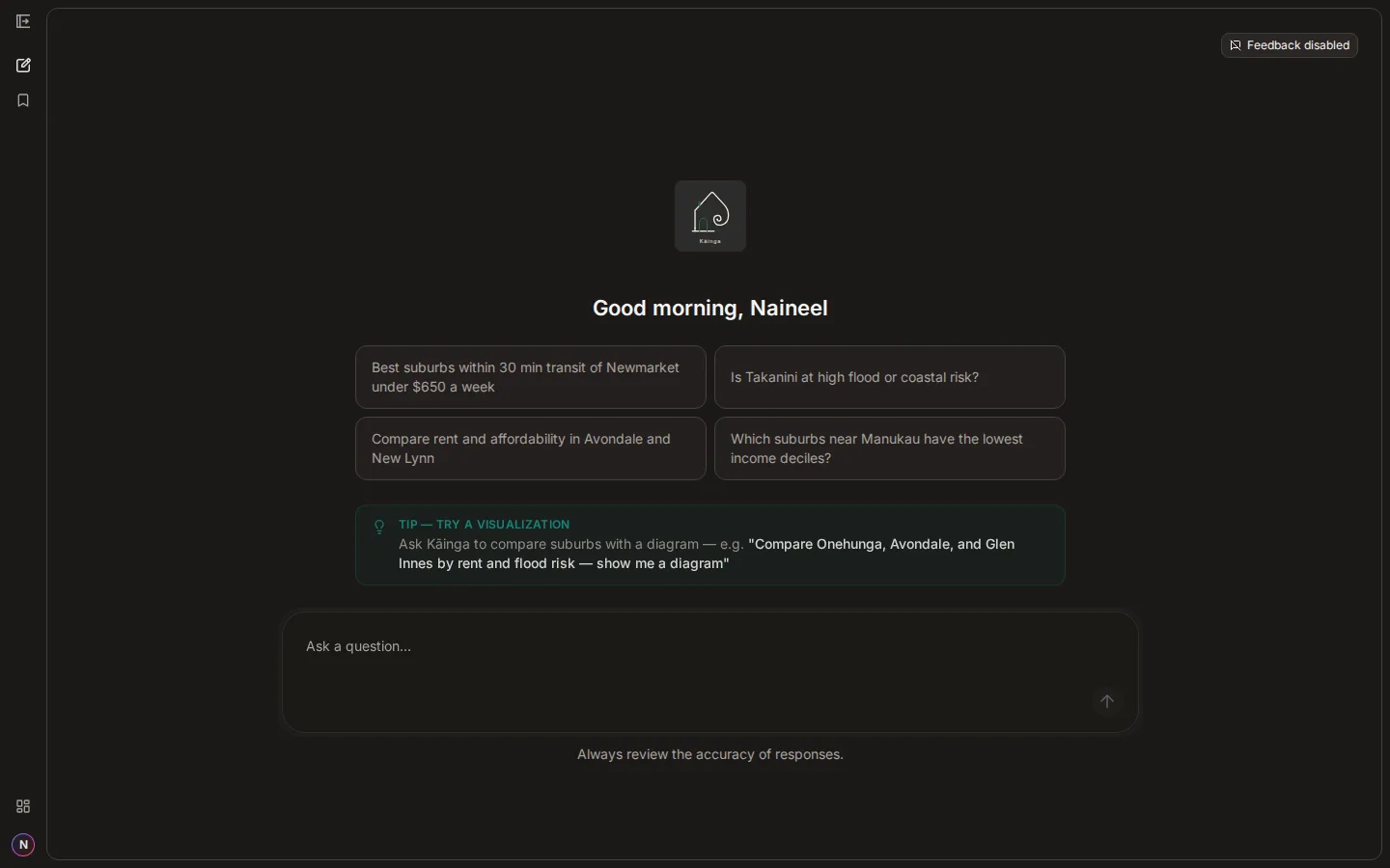 Dark Kāinga chat interface with suburb comparison prompts, a diagram suggestion, and a question field.